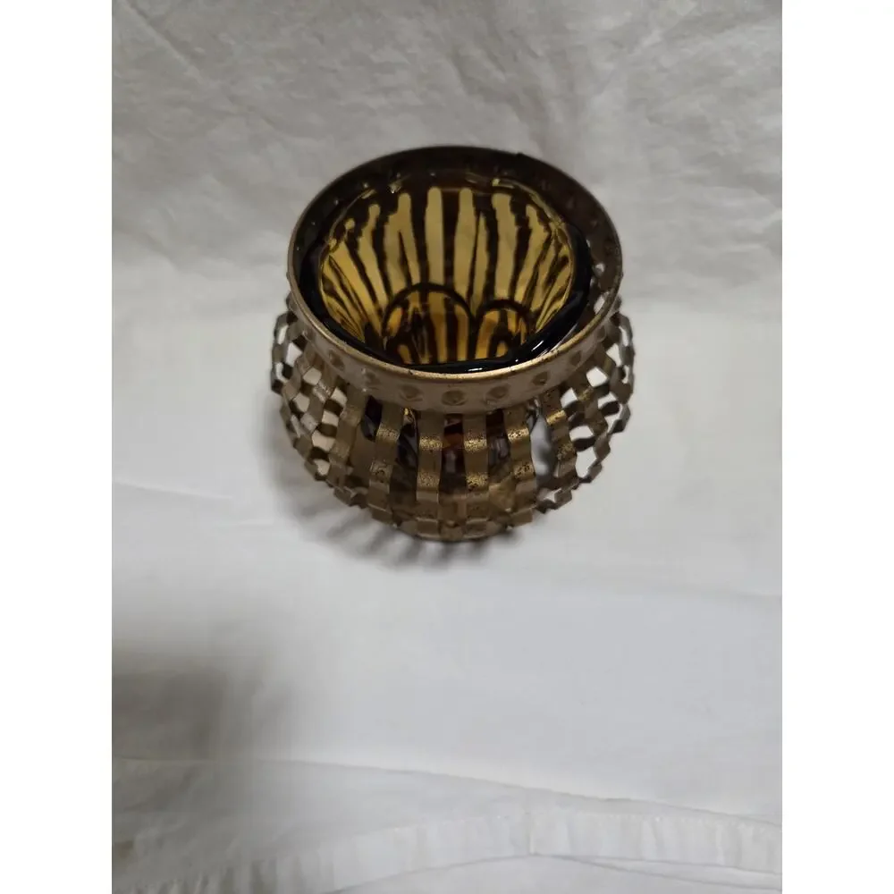 Vintage ~ Homco ~ Gold Tone Candle Holder ~ 5x4 inches With Amber Glass Votive